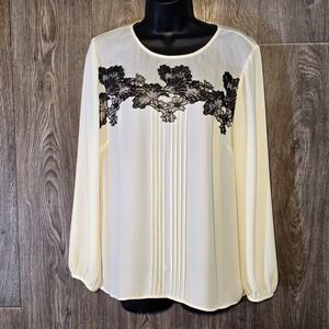 Talbots Petite LP Cream Black Lace Pintuck Blouse Long Sleeve Top Sheer